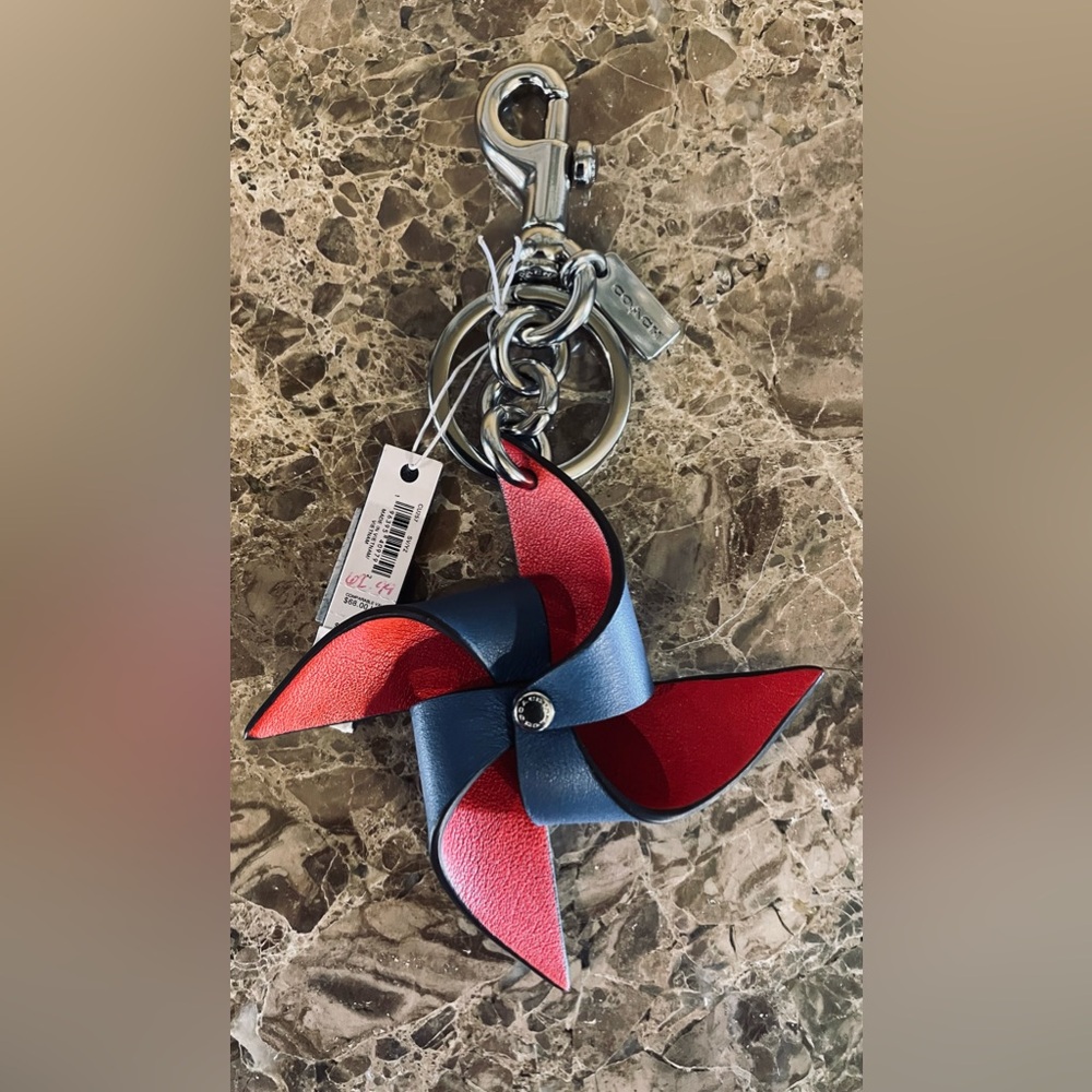 COACH Pinwheel Leather Red And Blue Bag Charm Keychain Keyring NWT CU257